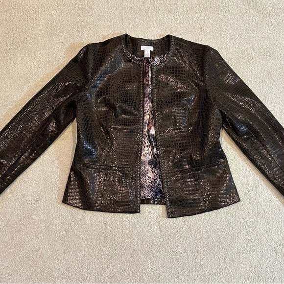 Chico’s Crocodile Embossed Brown Faux Leather Jacket - Picture 3 of 9